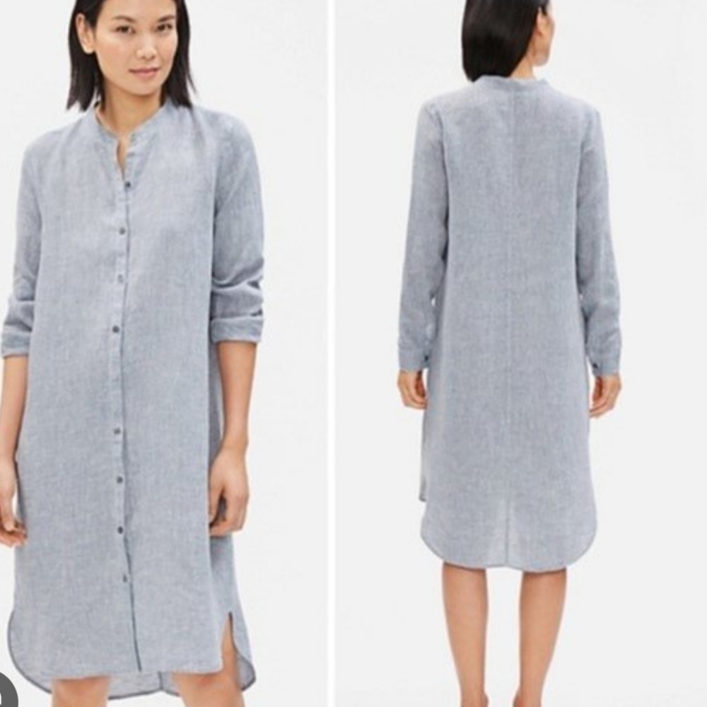 Eileen Fisher Gray Long Sleeve Full Button Organic Linen Dress